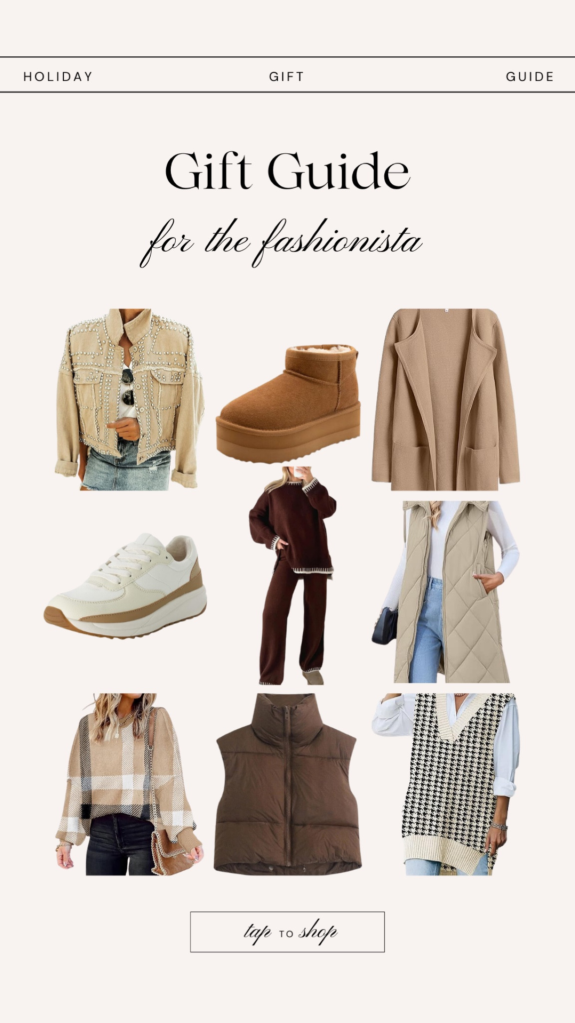 Gift guide for the fashionista 
Gift guide for women’s fashion 
Gift guide for her

#LTKGiftGuide #LTKsalealert #LTKHoliday