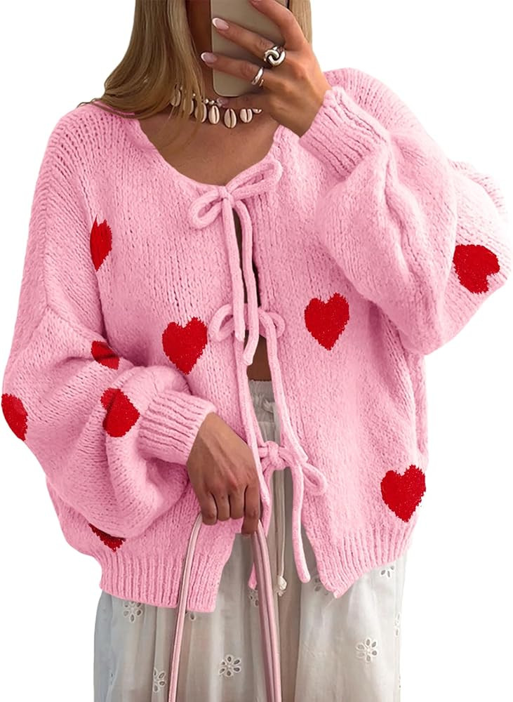 Saodimallsu Womens Tie Front Cardigan Sweaters Cute Bow Puff Long Sleeve 2025 Fall Loose Ribbed K... | Amazon (US)