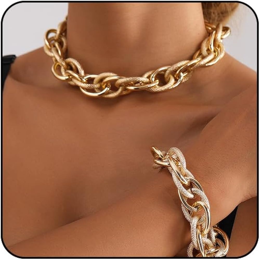 Otxas 14K Gold Chunky Necklace and Bracelets Set Gold Statement Necklace for Women Silver Chunky ... | Amazon (US)