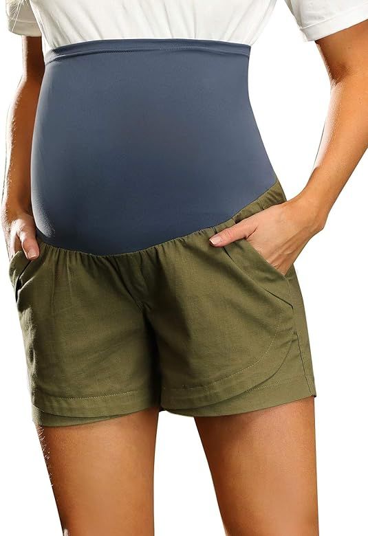Maternity Casual Shorts Ruffle Hem Elastic Waist Cotton Linen Shorts with Pockets | Amazon (US)