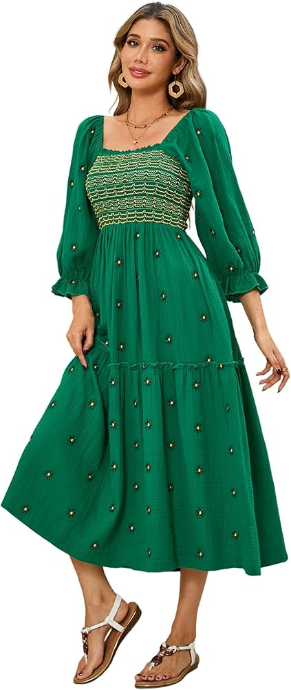 R.Vivimos Women's Long Sleeve Cotton Boho Midi Dress Vintage Square Neck Floral Embroidered Tiere... | Amazon (US)