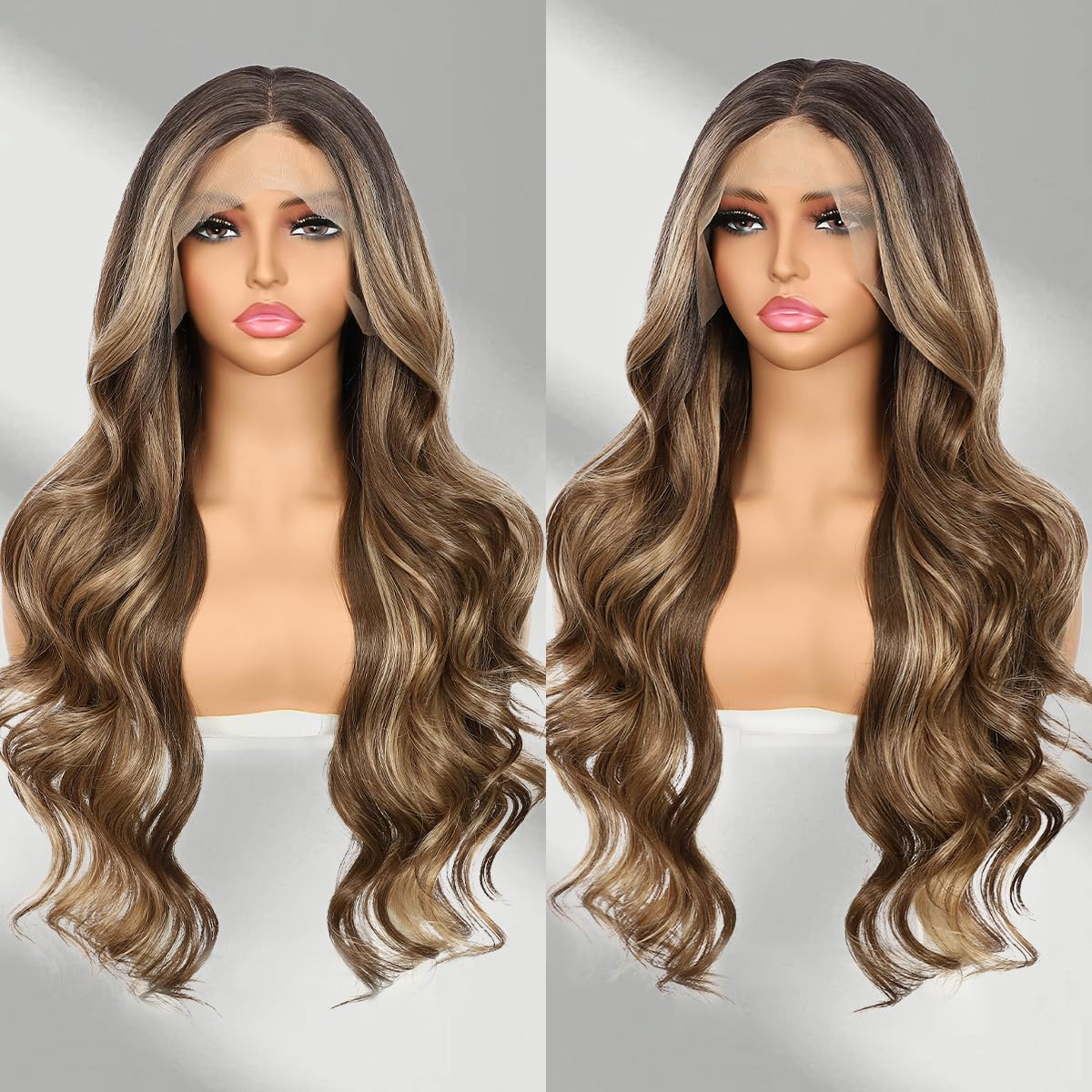 Brown mix Blonde Lace Front Wig for Women 13x4 Body Wave Synthetic Wigs Highlight Pre-plucked Lon... | Amazon (US)