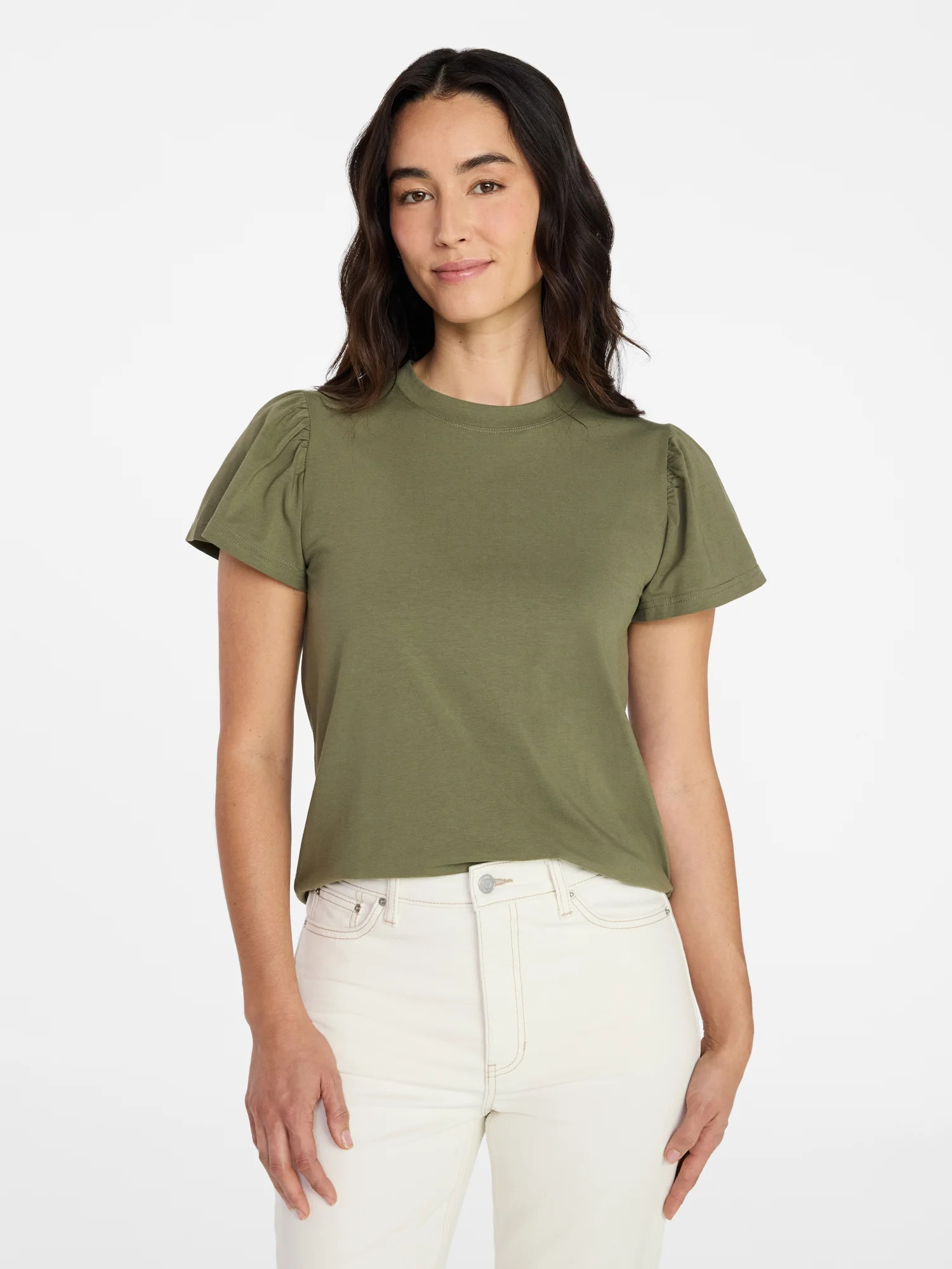 Time and Tru Women's Crewneck Top with Short Flutter Sleeves, Sizes XS-XXXL | Walmart (US)
