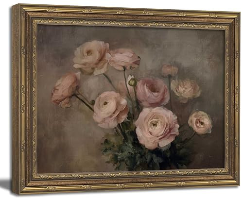 Gold Framed Wall Art, Antique Pink Floral Canvas Prints - Vintage Cottagecore Still Life Flower Pictures, Romantic French Country Decor Gallery Artwork for Living Room, Bedroom 12x16 inch | Amazon (US)