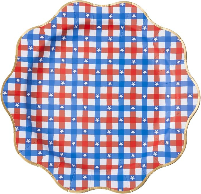 Bonjour F\u00eate Red & Blue Gingham Star Large Paper Party Plates | Premium Party Supplies, Gold... | Amazon (US)
