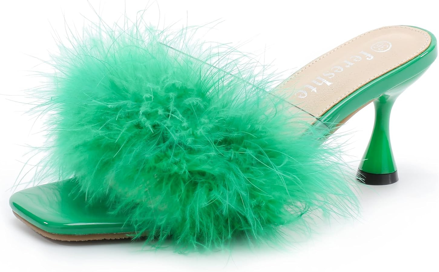 Women's Feather Heels Sandals Fluffy Fur Clear Strap Slip On Square Toe Kitten Mules | Amazon (US)
