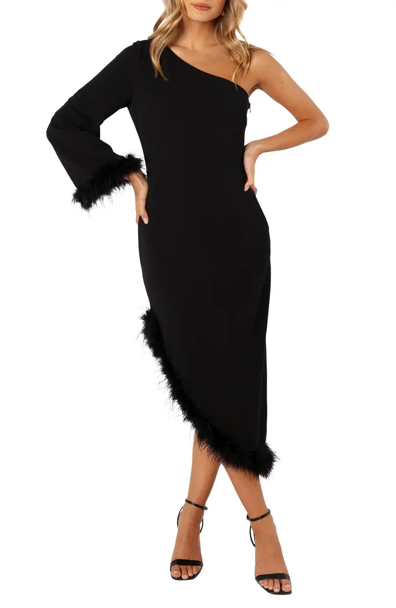Dame Feather Trim Single Long Sleeve Midi Cocktail Dress | Nordstrom