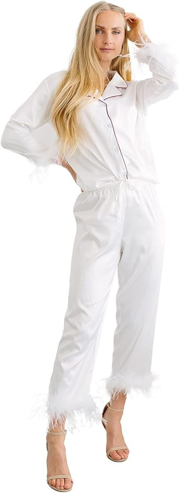 Belle's Design Women's Feather Trim Silk Satin Pajama Button Down Long Sleeve and Pants Set Sleep... | Amazon (US)