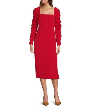 Antonio Melani Elena Crepe Square Neck Long Ruched Sleeve Midi Dress | Dillard's | Dillard's