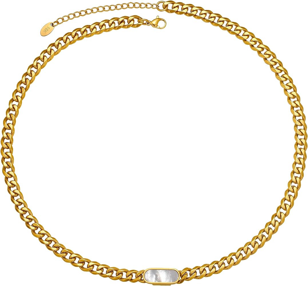 Womens 18K Real Gold Plated Dainty Necklace Choker 6mm 316L Stainless Steel Diamond-Cut Curb Cuba... | Amazon (US)