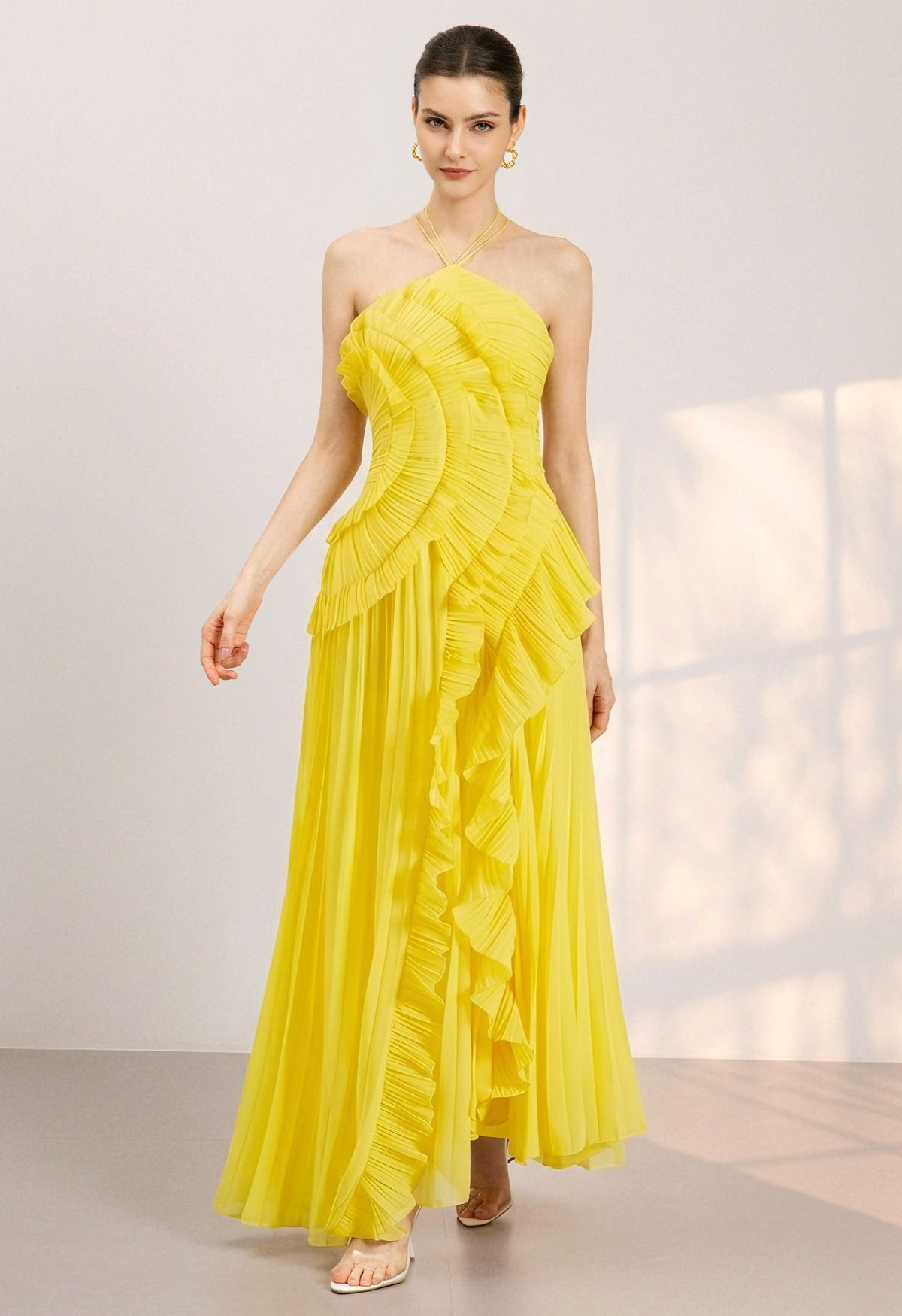 Asymmetrical Ruffle Halter Tie-Neck Pleated Maxi Dress in Yellow for Anniversary Dinner & Art Ope... | Chicwish