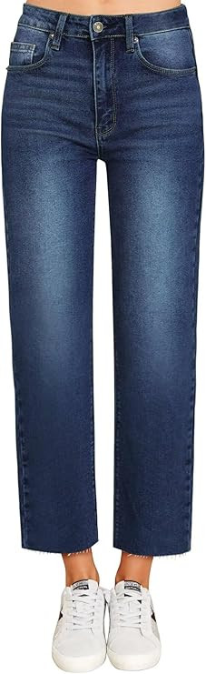KDF Women's Cropped Straight Leg Jeans - High Waisted Jeans for Women 7/8 Length Denim Pants with... | Amazon (US)