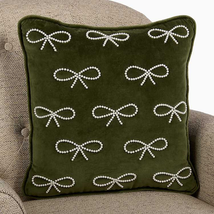 Green Velvet Nina Pearl Bow Pillow | Kirklands Home | Kirklands