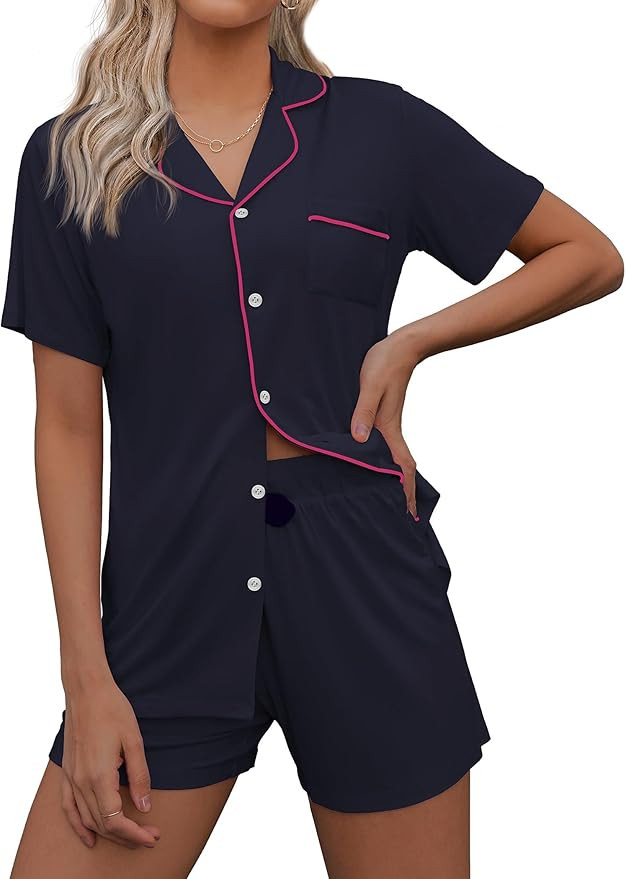 Ekouaer Pajamas Set for Women Short Sleeve Sleepwear Notch Collar Button Down Nightwear Soft Pjs ... | Amazon (US)