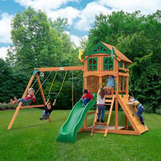 Gorilla Playsets Professionally Installed Outing III Wooden Outdoor Playset with Wood Roof, Slide, Sandbox, and Swing Set Accessories | The Home Depot