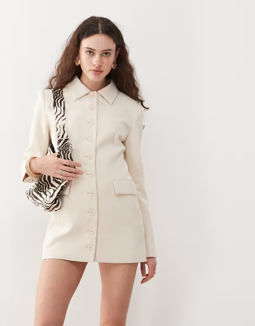 Lioness Cheri structured button front tailored blazer mini dress in cream-White | ASOS (Global)