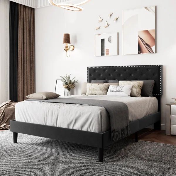 Aleiny Velvet Bed with Adjustable Upholstered Headboard | Wayfair North America