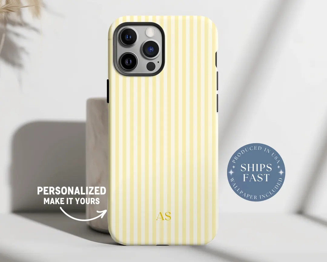 Personalized Yellow Phone Case Custom Monogram iPhone Case Aesthetic Striped Phone Case Summer Co... | Etsy (Global)