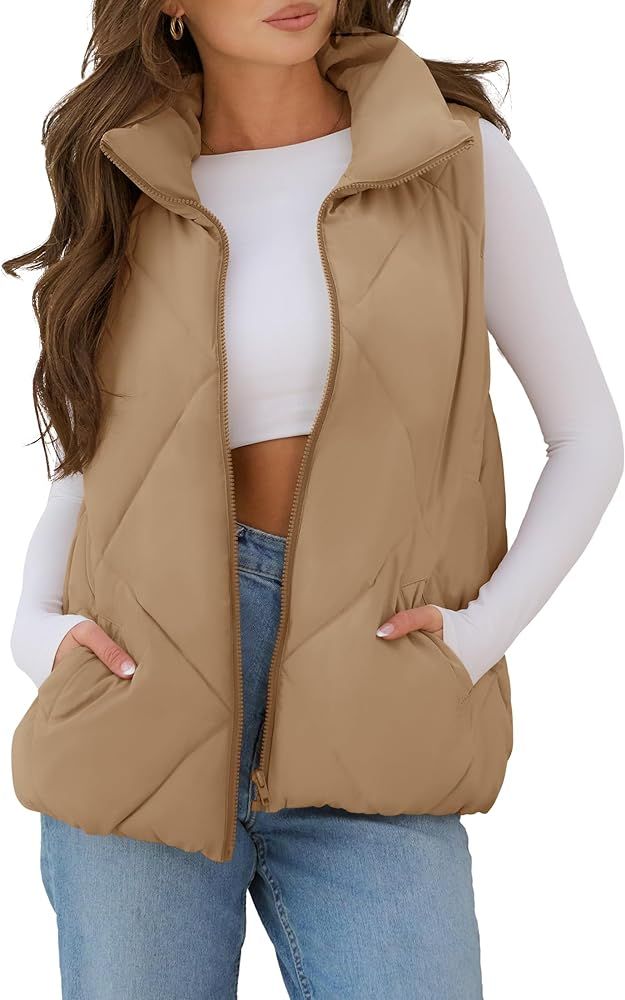 MEROKEETY Women's Puffer Vest Sleeveless Zip Up Quilted Coat Stand Collar Gilet Jacket With Pocke... | Amazon (US)