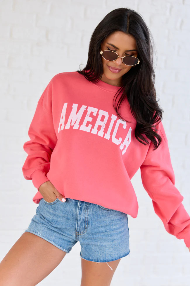 America Distressed Light Red Graphic Sweatshirt | Pink Lily