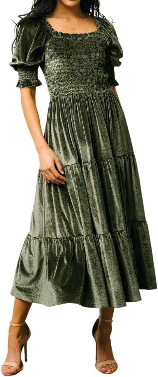 R.Vivimos Womens Fall Winter Velvet Dress Puff Sleeve Square Neck Smocked Tiered Ruffle A-Line Fl... | Amazon (US)