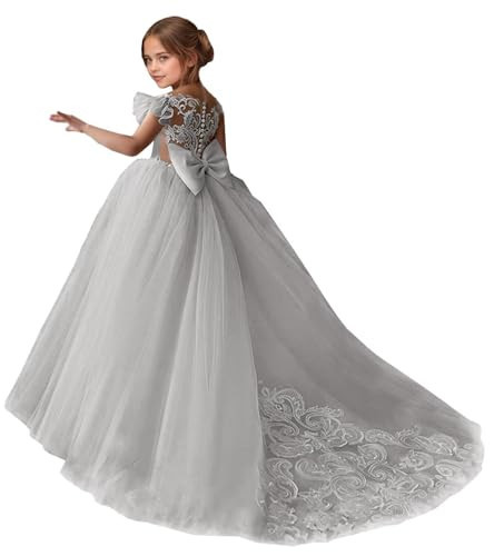 CHouor Flower Girl Dresses for Wedding Sliver Girls Formal Dress Big Bow Princess Pageant Party Gown Size 14 | Amazon (US)