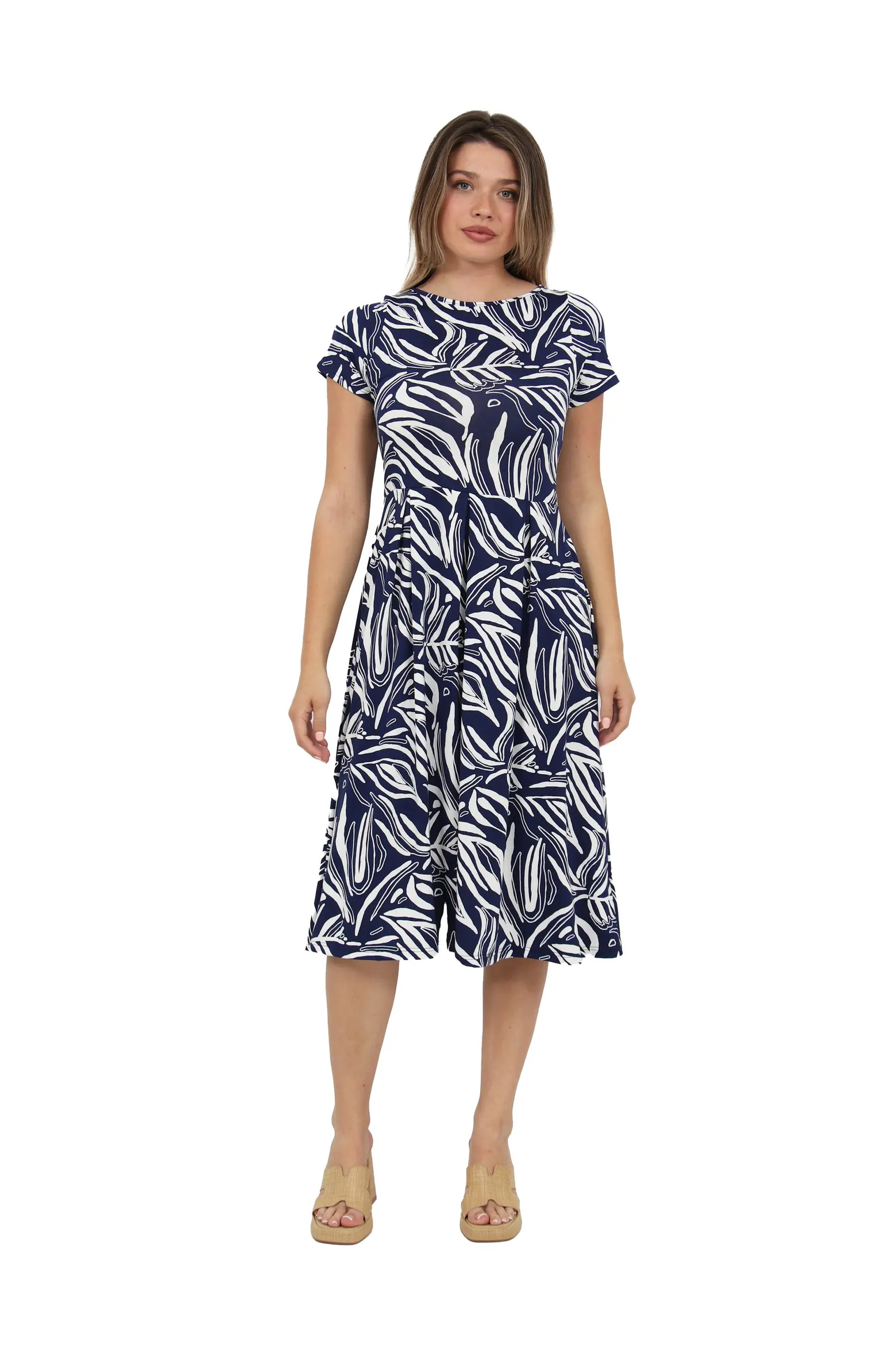 Womens Essential Abstract Print Short Sleeve Boat Neck Pleated Pocket Fit & Flare Midi Dress (Wom... | Nordstrom