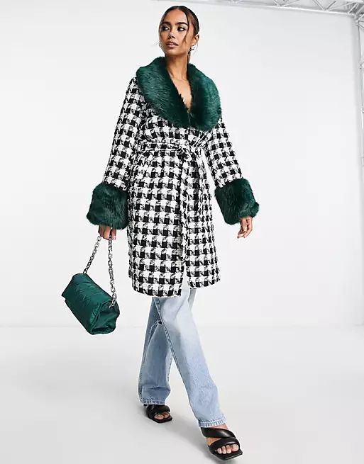 Miss Selfridge boucle faux fur collar and cuff wrap coat in mono check | ASOS (Global)