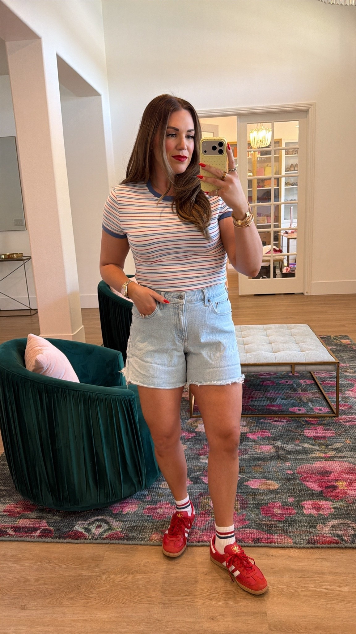 curvy midsize red, white, and blue casual look for memorial day! wearing size large in baby tee and size 30 in raw hem denim shorts

#LTKSeasonal #LTKMidsize