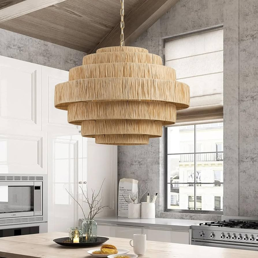 Farmhouse Gold Multi Tiers 5-Light Kitchen Island Light with Paper Woven Shade Iron Dimmable | Amazon (US)