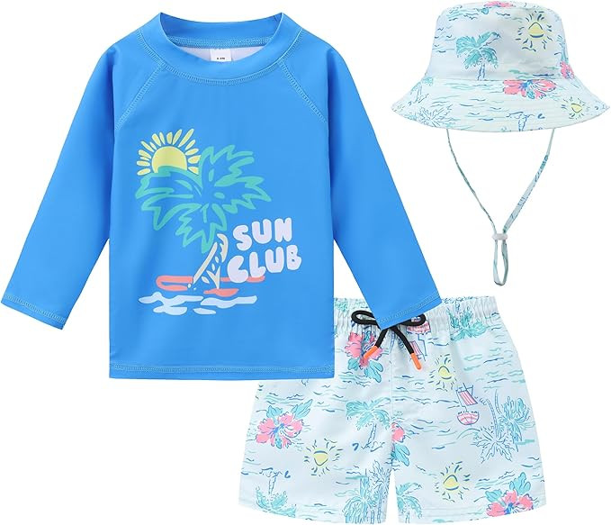Toddlers and Baby Boys' 3-Piece Swimsuit Trunk Rashguard Set and Sun Hat Swimwear Bathing Suit Su... | Amazon (US)