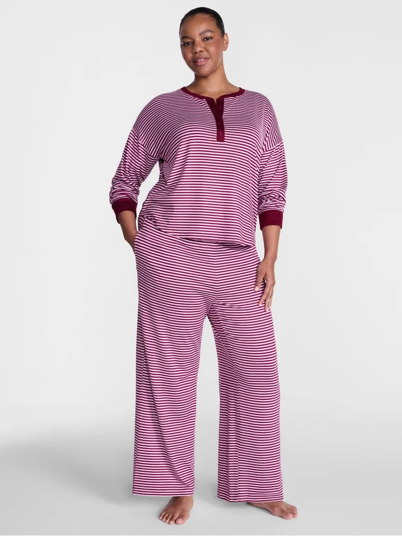Joyspun Women's Cozy Lounge Collection Hacci Henley Top and Pants, 2-Piece Pajama Set, Sizes XS-3... | Walmart (US)