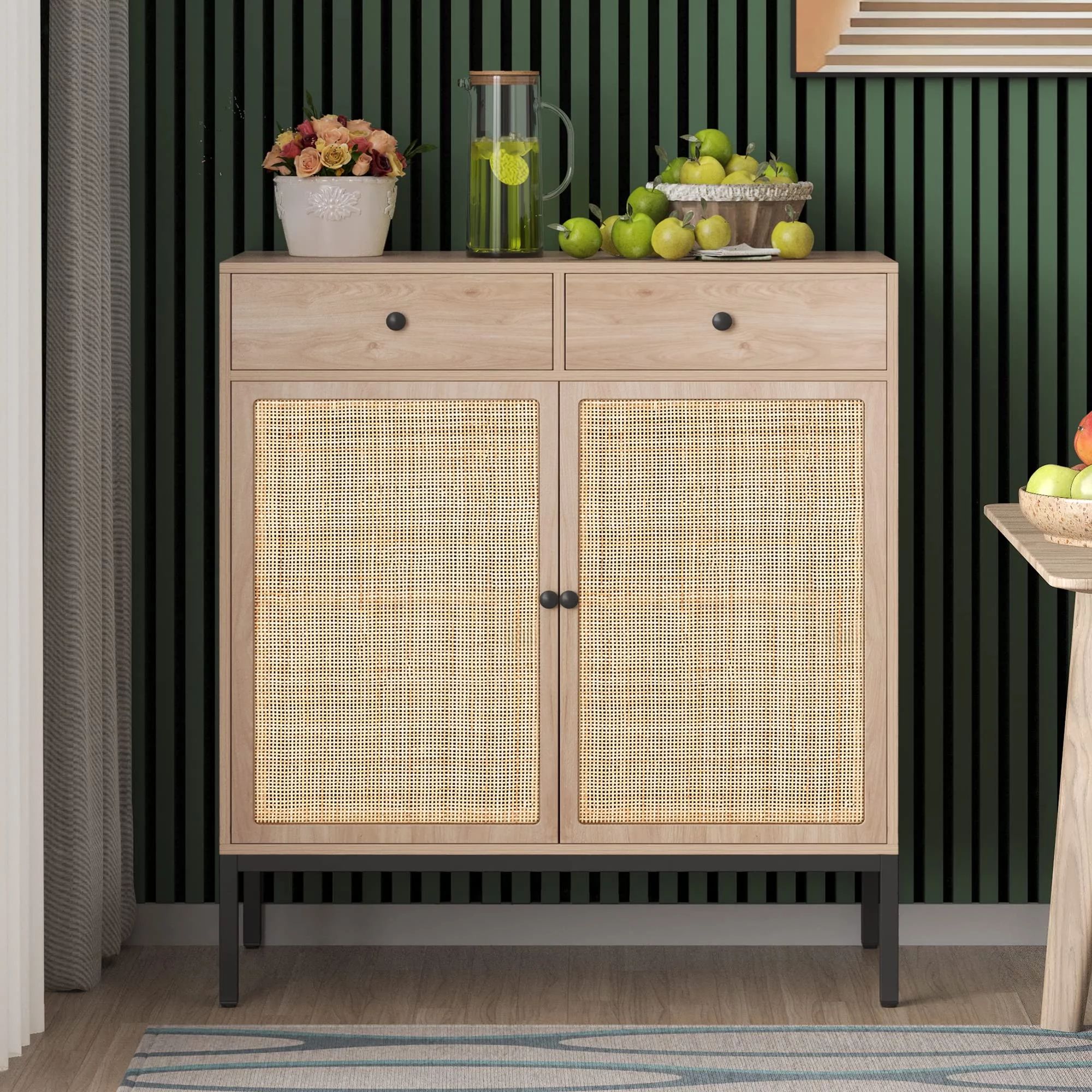 Sideboard Storage Cabinet with Handmade Natural Rattan Woven Doors and Drawers, Rattan Cabinet Bu... | Walmart (US)