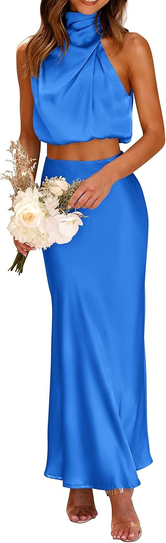 PRETTYGARDEN Women's 2 Piece Satin Outfits Summer Sleeveless Mock Neck Crop Tops and Long Skirt D... | Amazon (US)