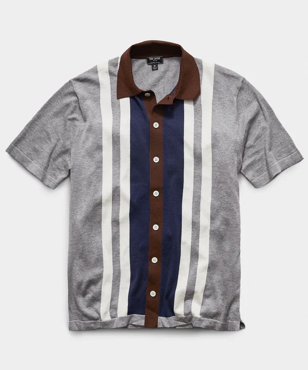 Italian Cotton Silk Striped Button Through Sweater Polo in Grey | Todd Snyder