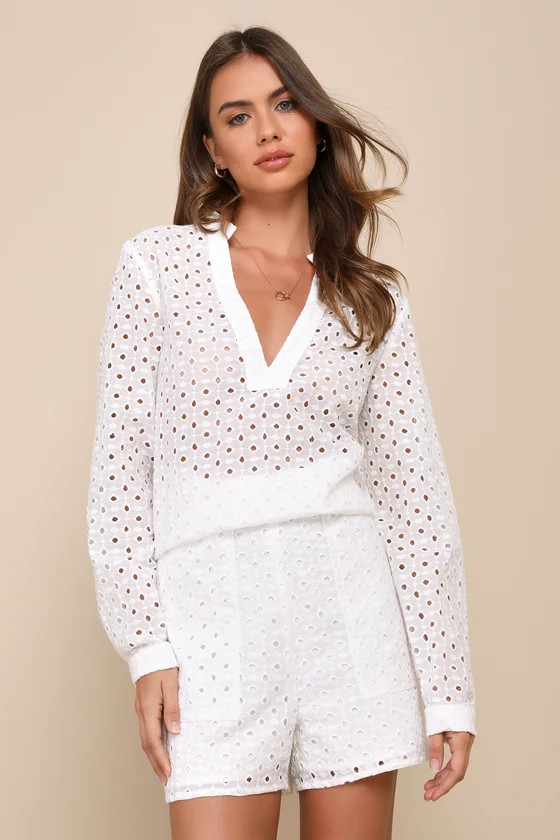 Caribbean Chic Ivory Cotton Eyelet Embroidered High Rise Shorts | Lulus (US)