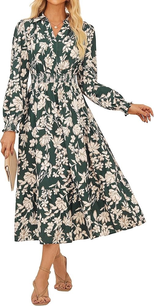 Women's Floral Dress for Women 2025 Fall Midi Dress Casual Long Sleeve V Neck A Line Flowy Shirt ... | Amazon (US)