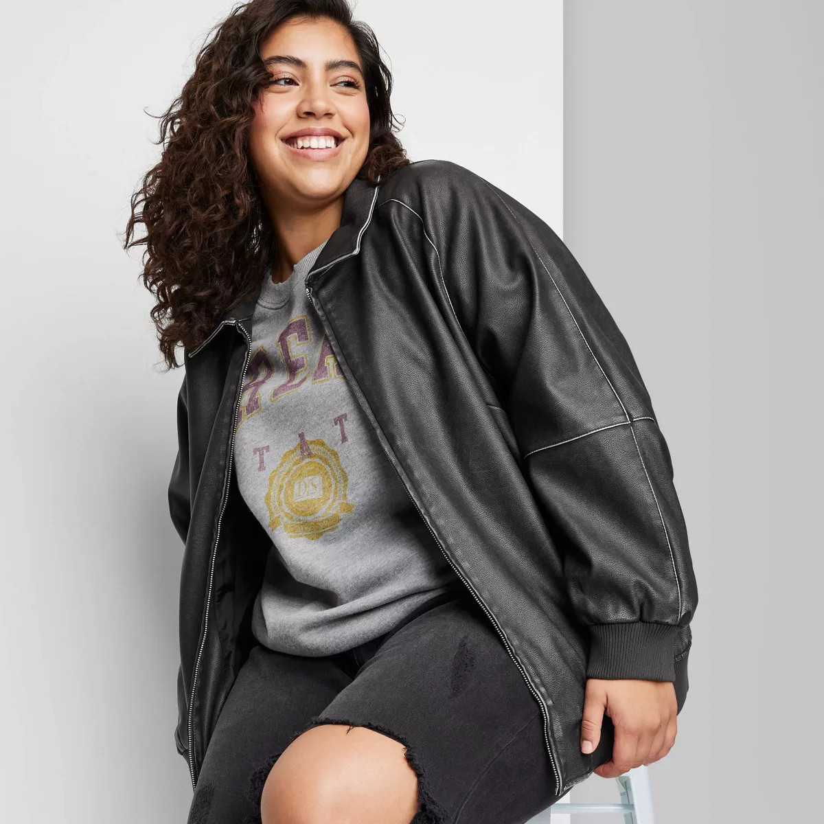 Women's Distressed Faux Leather Bomber Jacket - Wild Fable™ Black | Target