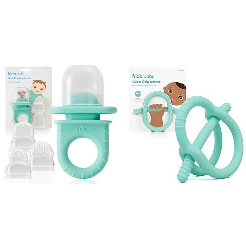 Frida Baby Push Pop Feeder, Baby Fruit Feeder + Get-A-Grip Teether Teething Toy | 100% Food-Grade Silicone Food Pacifier & Teether Toy for Baby 0-6, 12, 18 Months Infant, (Teal) | Amazon (US)
