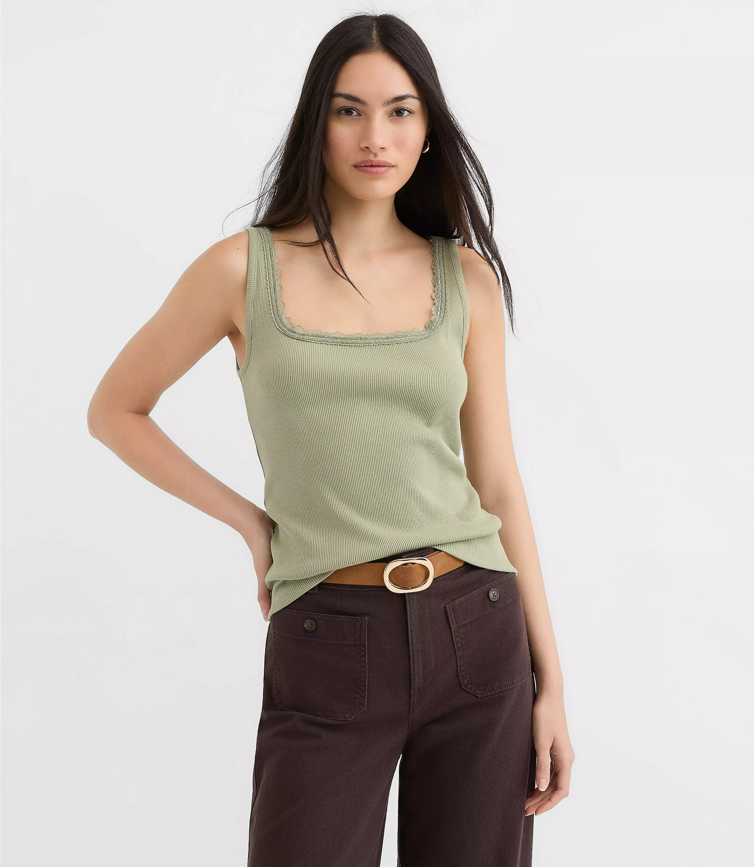 Lace Trim Perfect Ribbed Square Neck Tank Top | LOFT