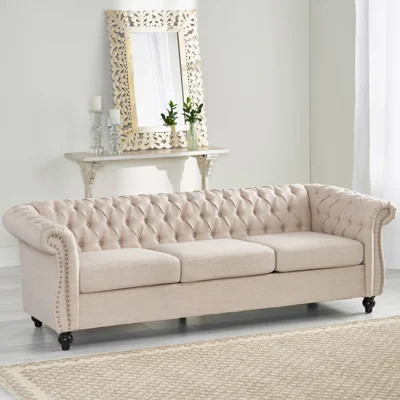 Nisy 3 Seater Sofa, Chesterfield Beige Fabric Tufted Back, 85 Inch | Wayfair North America