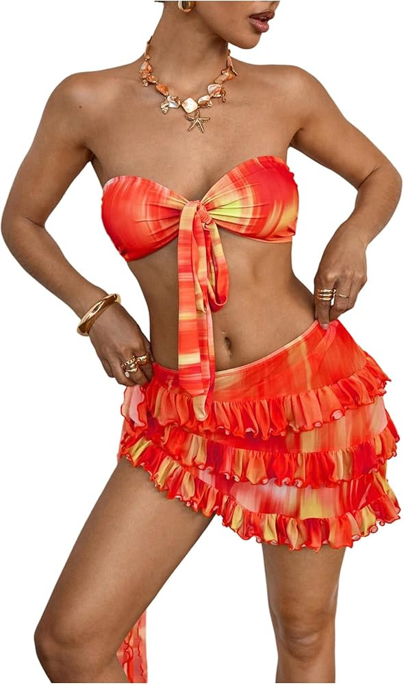 Women's 3 Piece Bandeau Swimsuits Tie Dye Print Tie Front Bikini Sets with Ruffled Cover Up Skirt | Amazon (US)
