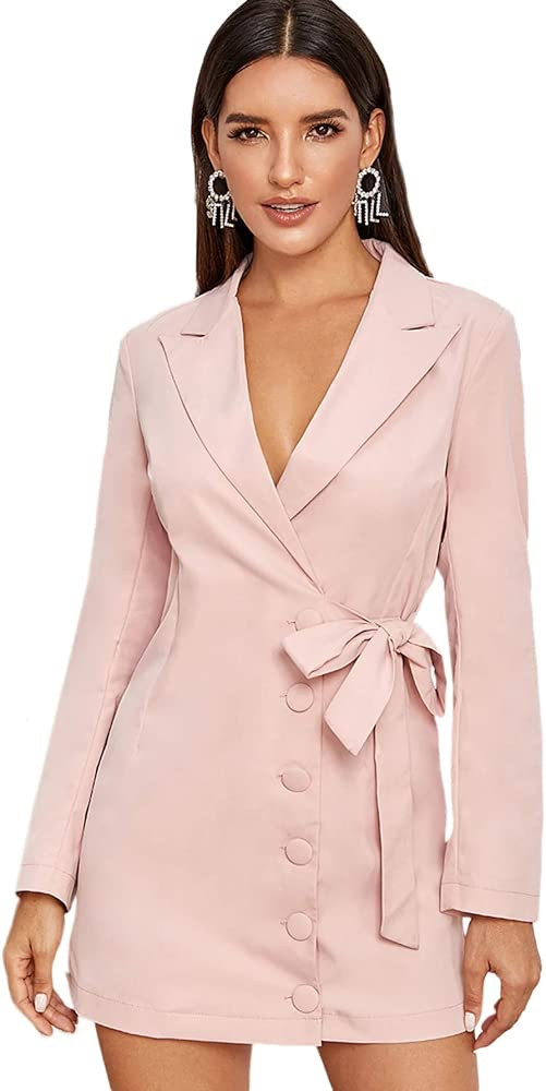 Women's Elegant Plaid Wrap Belted Waist Long Sleeve Shawl Collar Longline Blazer | Amazon (US)