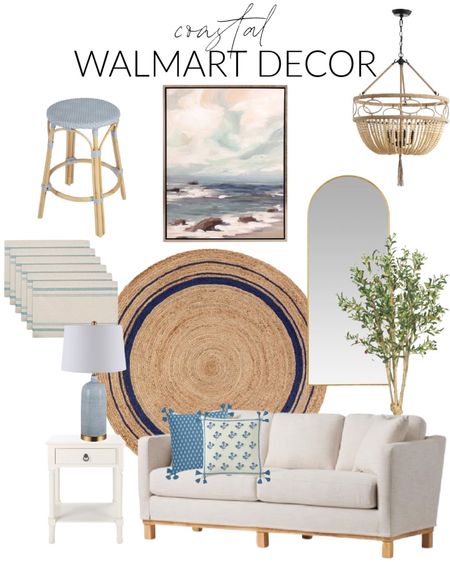 I am loving these affordable home décor pieces from Walmart!  Items include a neutral round area rug, an upholstered sofa, a framed canvas art, blue glass table lamp, blue and white reversible throw pillows, a rattan counter stool, a beaded pendant chandelier, a faux olive tree, a white accent table, a floor mirror and striped placemats.

look for less home, designer inspired, beach house look, walmart haul, walmart must haves, area rug walmart, home decor, Walmart finds, Walmart home decor, Walmart bedroom, Walmart décor, Walmart home finds, walmart chairs, Walmart table lamps, walmart rugs, simple decor, dining chairs, accent chairs, abstract wall art, art for home, canvas wall art, living room decor, bedroom inspiration, couch throws, neutral design, bedroom area rug, dining room rug, simple decor, coastal decorating, coastal design, coastal inspiration #ltkfamily 

#LTKSeasonal #LTKstyletip #LTKunder50 #LTKunder100 #LTKhome #LTKsalealert #LTKunder100 #LTKhome #LTKunder50