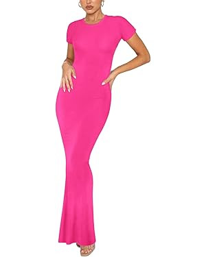 REORIA Women's Basic Summer Casual Lounge Long Dress Elegant Short Sleeve Crew Neck Bodycon Maxi ... | Amazon (US)