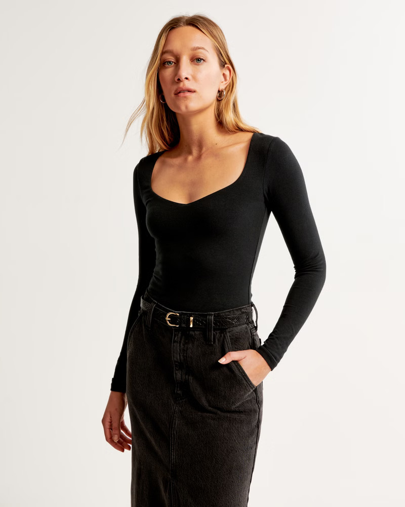 Long-Sleeve Cotton-Blend Seamless Fabric Sweetheart Bodysuit | Abercrombie & Fitch (US)