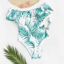 Random Leaf Print Cut-out Flounce One Piece Swim | SHEIN