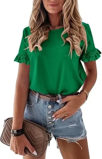PRETTYGARDEN Women's Short Sleeve Casual T Shirts Summer Ruffle Plain Round Neck Loose Fit Tee Bl... | Walmart (US)