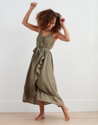 Aerie Ruffle Wrap Midi Dress | American Eagle Outfitters (US & CA)