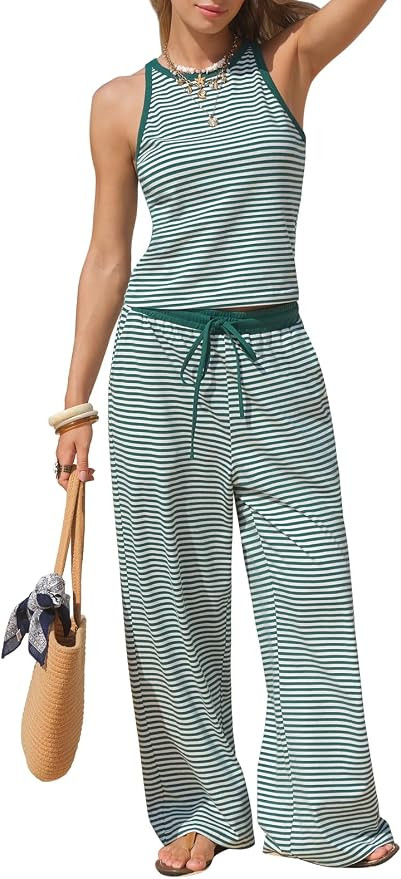 EXLURA Womens Cotton Summer 2 Piece Outfits Striped Halter Tops Matching Wide Leg Pant Sets Loung... | Amazon (US)